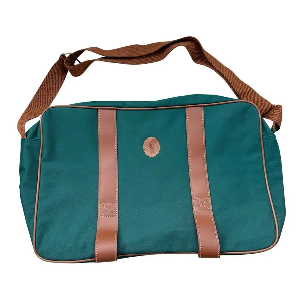 Polo Ralph Lauren Green Canvas Brown Messenger Excellent Vintage Condition